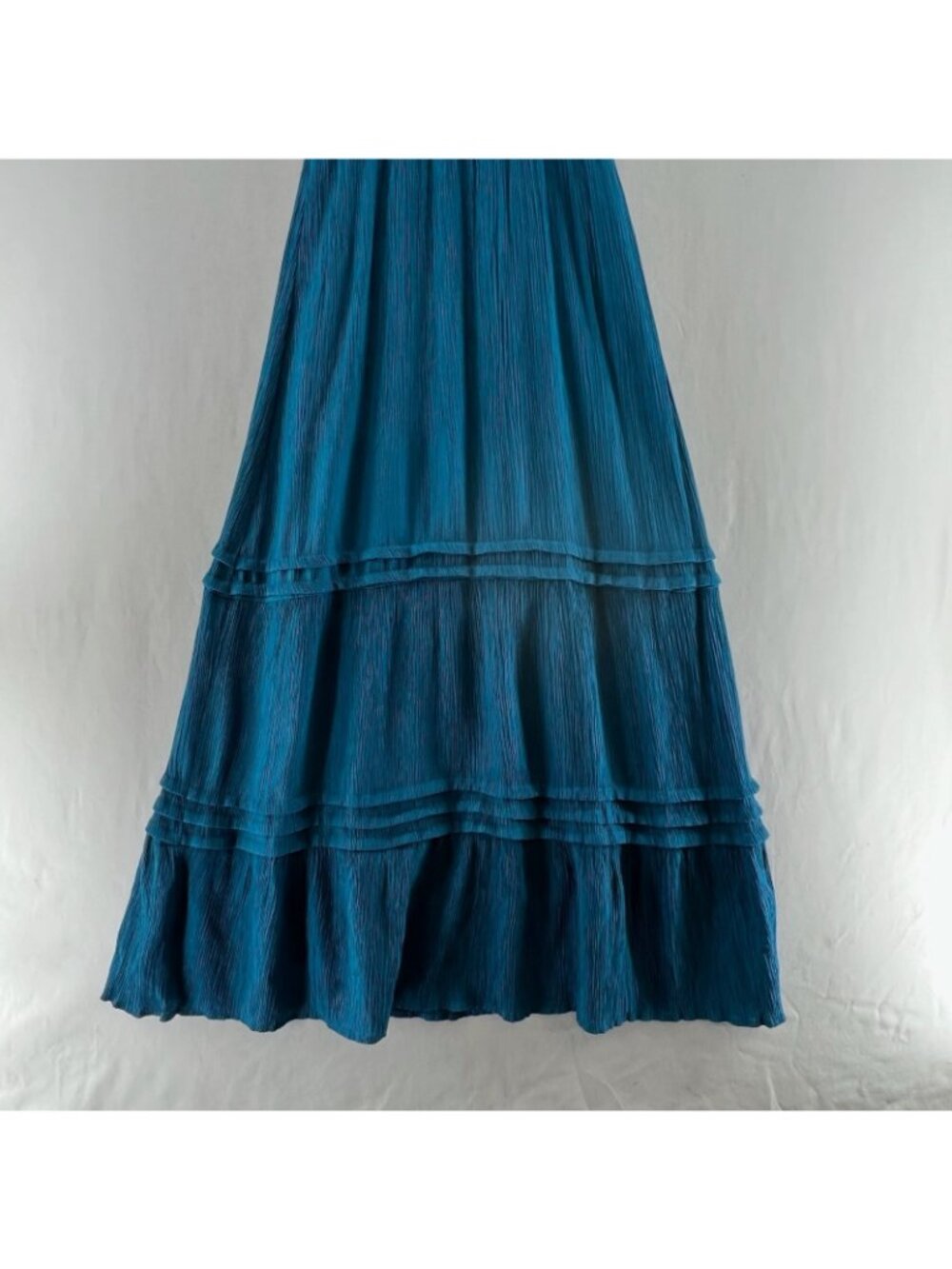 Max + Ash Crinkle Gauze Tiered Maxi Dress Womens S Smocked Puff Sleeve Teal Blue - Picture 4 of 14